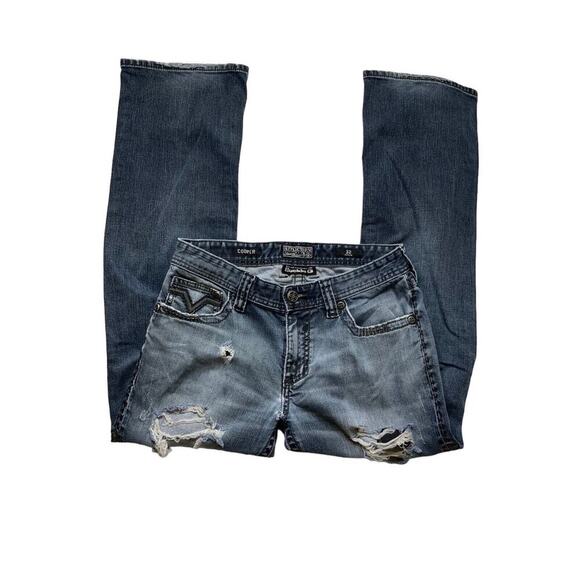 Affliction Cooper Buckle Denim Jeans 32R Distressed Dark Wash Stretch Blue - Picture 5 of 13